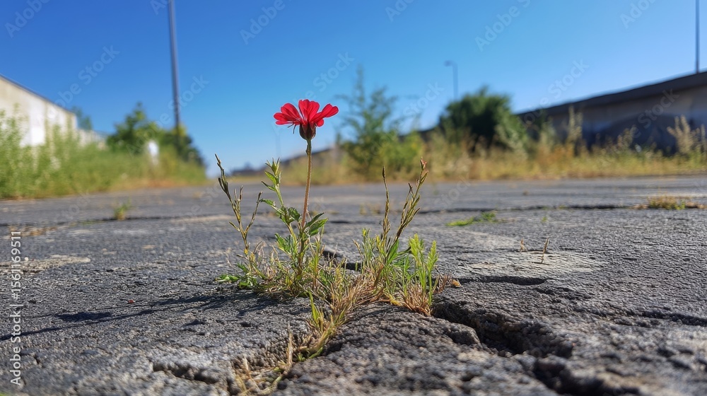 Obraz premium 101.A small red flower emerging from a tiny fracture in worn, gray pavement, with faint green grass sprouting around it and a clear blue sky in the background.
