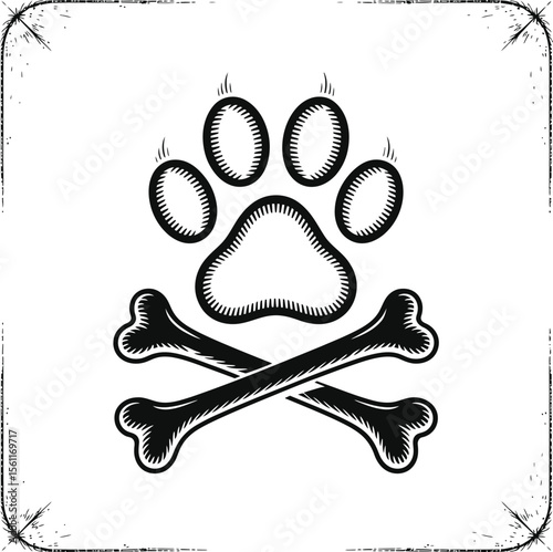 Silhouette vector vintage paw and bone skull icon in antique frame showing loyalty and animal symbolism