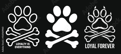 Silhouette vector loyalty themed paw and bone emblems on black background with bold text messages