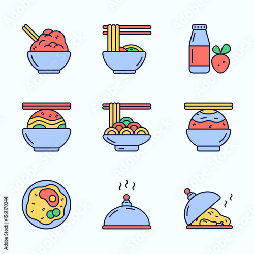A colorful flat icon illustration of various Asian-inspired meals and drinks, including ramen, rice bowls, sushi, bottled juice, and covered plates. Clean, modern, and ideal for UI, food blogs