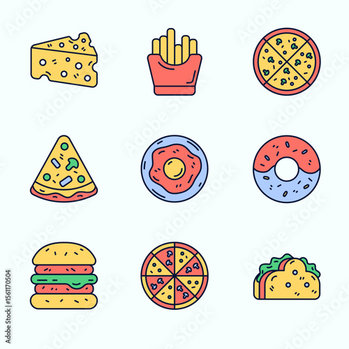 A playful flat icon illustration of popular snacks and fast food including pizza, fries, cheese, egg, burger, donut, and taco. Bright colors and clean lines make it perfect for food delivery apps