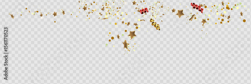 Golden confetti isolated on checkered background. Festive vector illustration