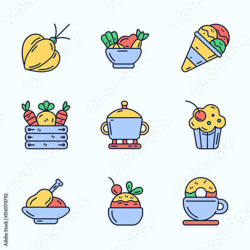 A colorful flat icon illustration of healthy food, dessert, and home-cooked meals including vegetables, soup, salad, ice cream, cupcake, chicken, and fruit bowl. Perfect for recipe apps, meal planners