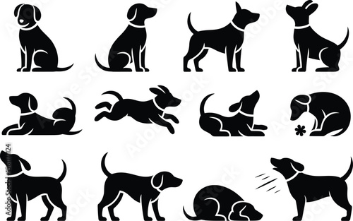 Silhouette vector of dog actions and behaviors in black minimal icon set including sitting, jumping, walking pose