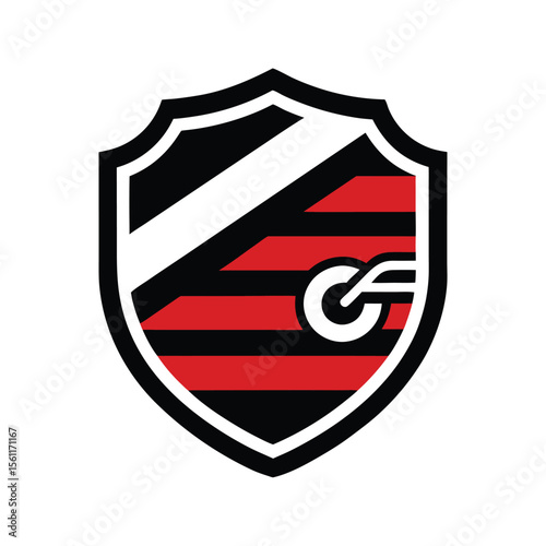 Classic shield badge with motorcycle and stripes in retro biker artwork  