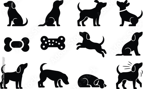 Silhouette vector dog icon bundle featuring puppies in movement, rest, sit and bark pose in flat design style