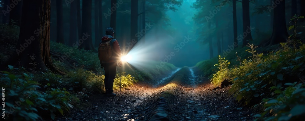 Obraz premium A powerful flashlight beam cuts through the darkness, illuminating a mysterious path ahead Perfect for adventure, exploration, and safety themes , ray, secret