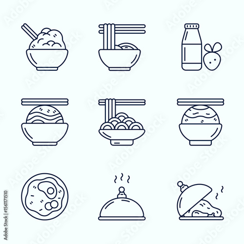 Outline icons of various Asian inspired meals and drinks, including ramen, rice bowls, sushi, bottled juice, and covered plates. Clean, modern, and ideal for UI, food blogs, delivery apps, and culinar