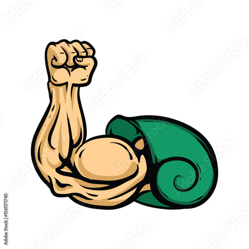 Big bicep muscle come out from snail shell cartoon vector illustration