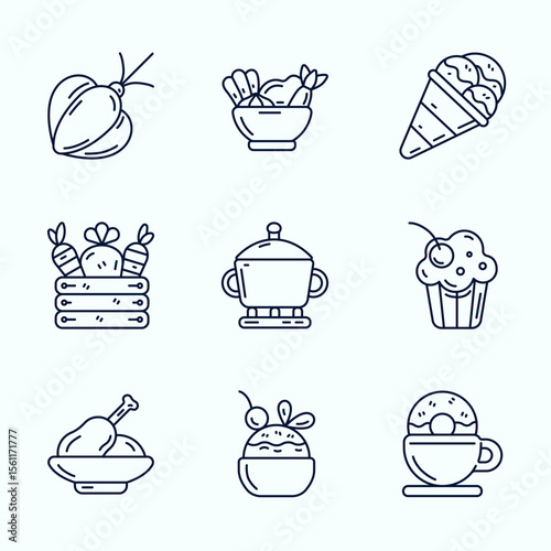 Outline icon illustration of healthy food, dessert, and home cooked meals including vegetables, soup, salad, ice cream, cupcake, chicken, and fruit bowl. Perfect for recipe apps, meal planners