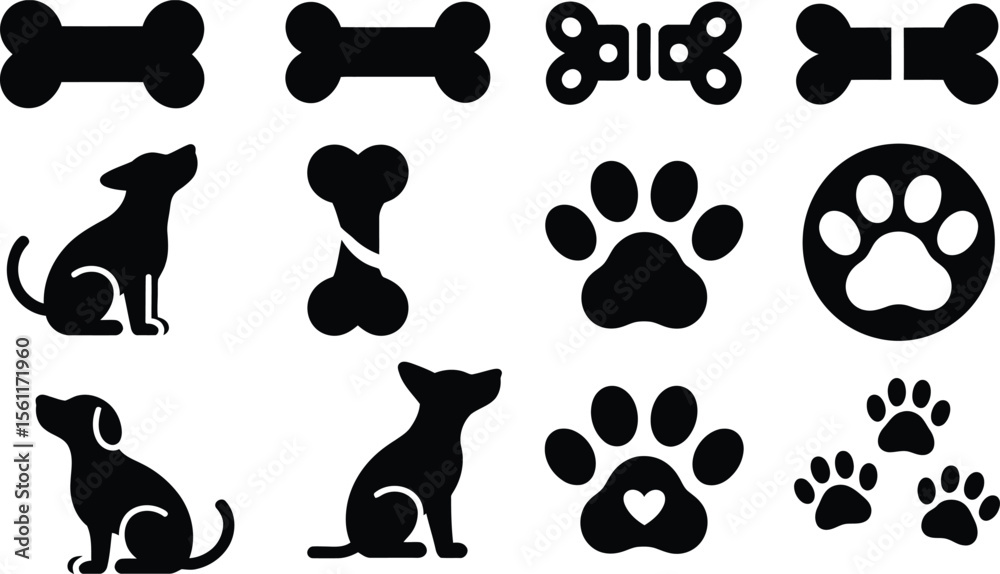Fototapeta premium Silhouette vector dog activity and symbol collection with walking print, resting puppy, heart paw and tracking motion