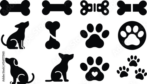 Silhouette vector dog activity and symbol collection with walking print, resting puppy, heart paw and tracking motion