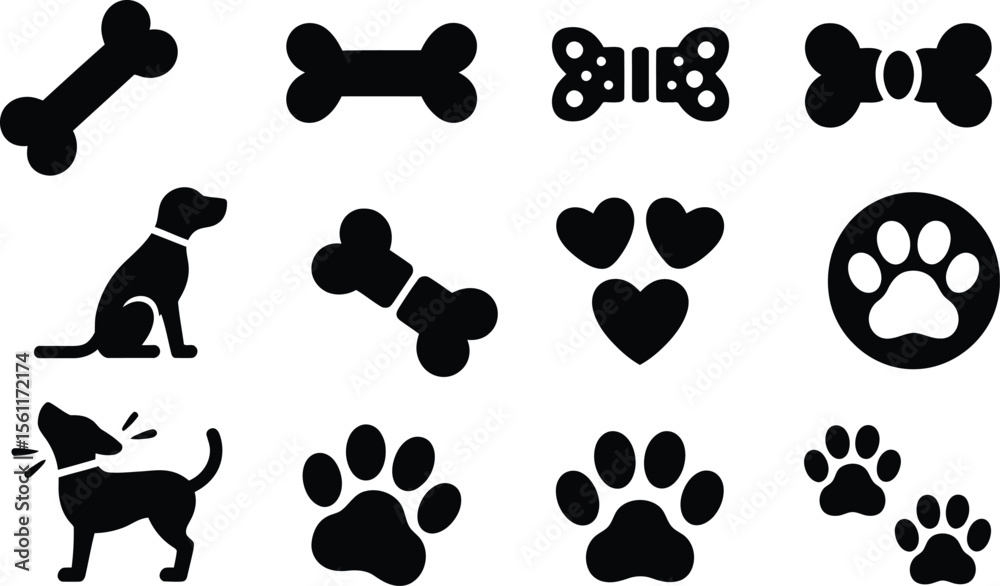 Fototapeta premium Silhouette vector of dog bones, paws, and hearts in bold black icon set focused on cute and loyal pet theme