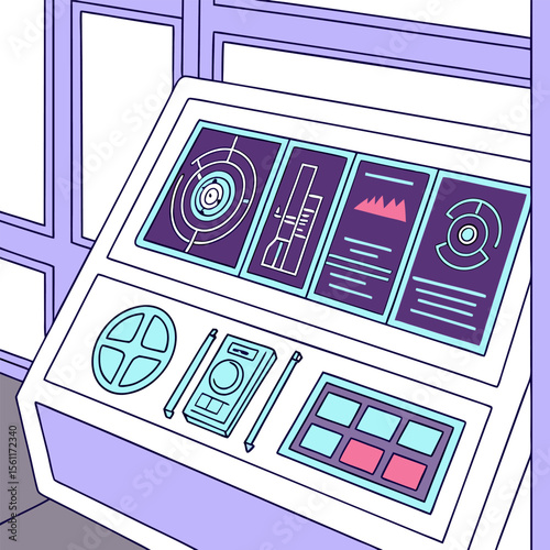 Illustration of a futuristic control panel with screens and buttons in a spaceship interior scene