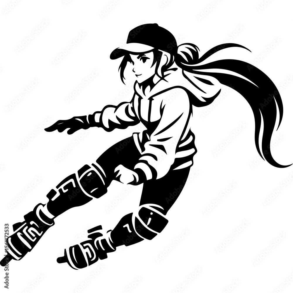 Fototapeta premium Sketchy sport emblem of charming extreme sportswoman in baseball cap and hoodie rushes on roller skates. Engraving minimalistic vector in black ink drawing on transparent background