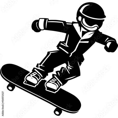 Sketchy sport emblem of extreme sportsman in protective helmet rushes on skateboard. Engraving minimalistic vector in black ink drawing on transparent background