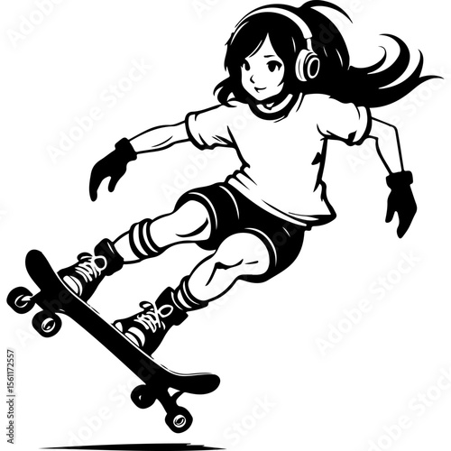 Sketchy sport emblem of girl with over ear headphones jumping on skateboard. Engraving minimalistic vector in black ink drawing on transparent background