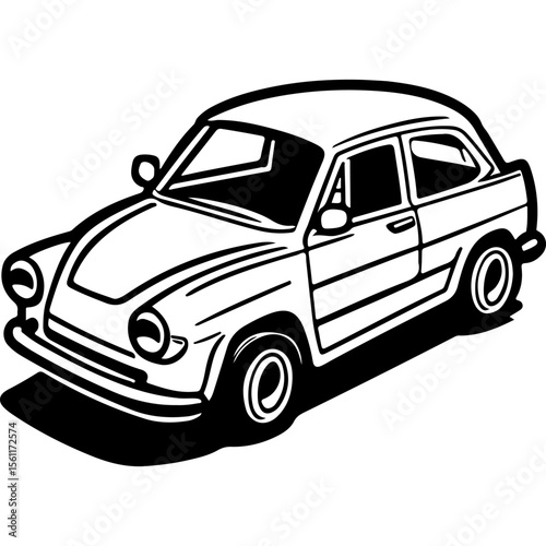 Sketchy sport emblem of Retro car model aerial view from above at an angle. Engraving minimalistic vector in black ink drawing on transparent background