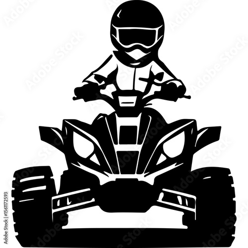 Sketchy sport emblem of Extreme sportsman masters quad biking front view. Engraving minimalistic vector in black ink drawing on transparent background