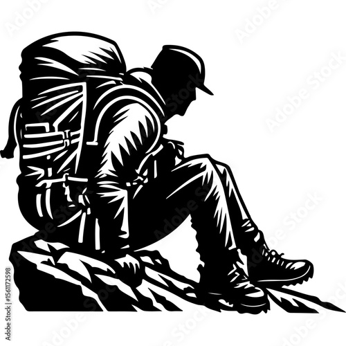 Sketchy sport emblem of tired traveler resting sitting on rocks in monochrome. Engraving minimalistic vector in black ink drawing on transparent background