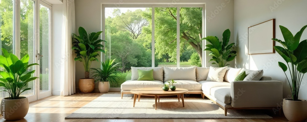 Fototapeta premium A serene living room bathed in natural light, featuring lush potted plants and calming green accents throughout the space, creating a peaceful and vibrant atmosphere , design, peaceful