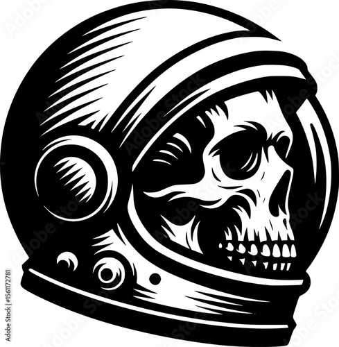 Sketchy cosmic emblem of human skull of an astronaut wearing a sealed helmet in monochrome. Engraving minimalistic vector in black ink drawing on transparent background