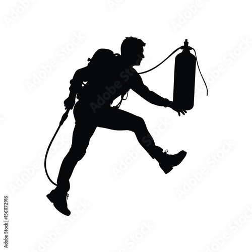Silhouette of a person jumping with a backpack and oxygen tank on white