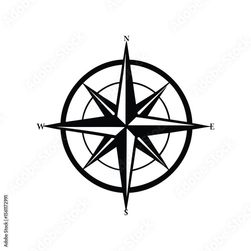 Black and white compass rose with North South East and West direction