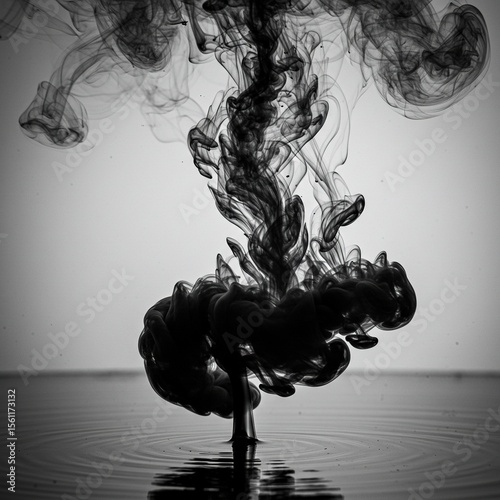 Black ink swirling and dissolving in water, creating abstract shapes and patterns.