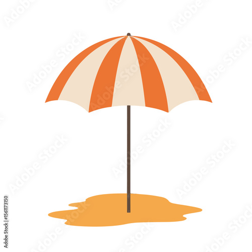 A minimalist clean illustration of a serene beach scene with a vibrant umbrella evoking a sense of summer relaxation and coastal vacation
