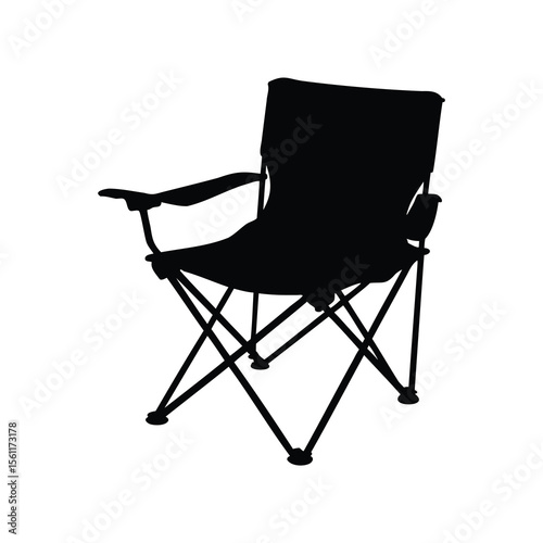 Black silhouette of a folding camping chair with armrests and white background