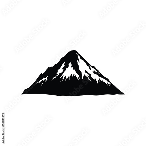 Monochromatic depiction of a striking mountain range against a white backdrop