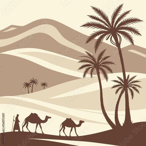 Camel Caravan Silhouette in Desert at Night with Full Moon