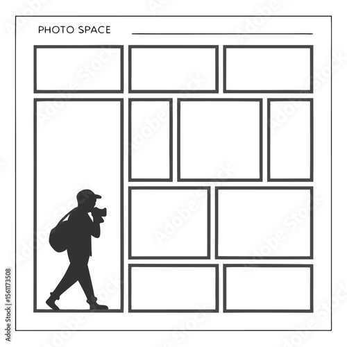 Silhouette of photographer with camera and bag walking beside frames labeled photo space at the top