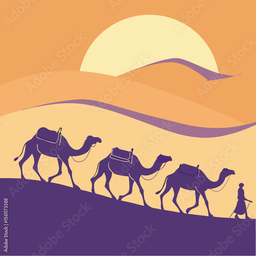 Camel Caravan Silhouette in Desert at Night with Full Moon