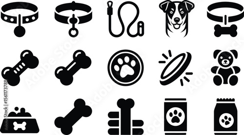 Silhouette vector pet equipment and toy collection featuring frisbee, leash, food, head and treat icons
