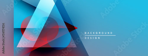 Abstract geometric shapes overlap, creating dynamic blue, red gradients. Modern design suggests technology, innovation, visual appeal.