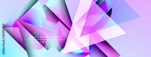Abstract geometric shapes overlap, creating vibrant purple, blue gradients. Modern design suggests digital art, background texture.