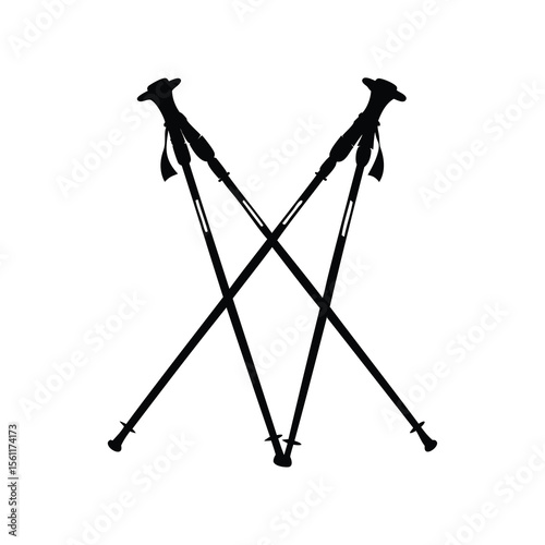 Black Silhouette of Trekking Poles Crossed on a White Background