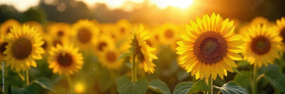 Obraz premium Golden hour sunlight bathes a lush field of ripening sunflowers, buzzing with bees; a quintessential summer harvest scene , summer landscape, pollinators, summer