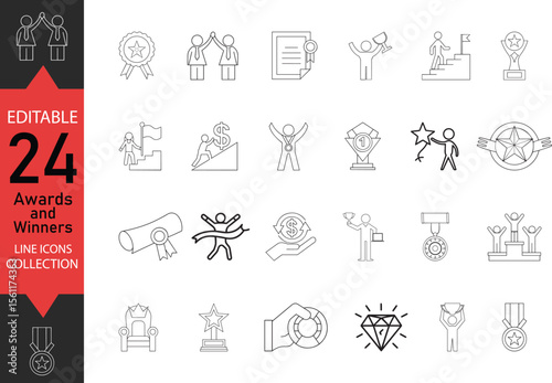 Modern Awards and winners editable line art vector icon design, Awards and winners graphics or vector illustration collection, Champion Trophy, celebrating, achievement and success and more