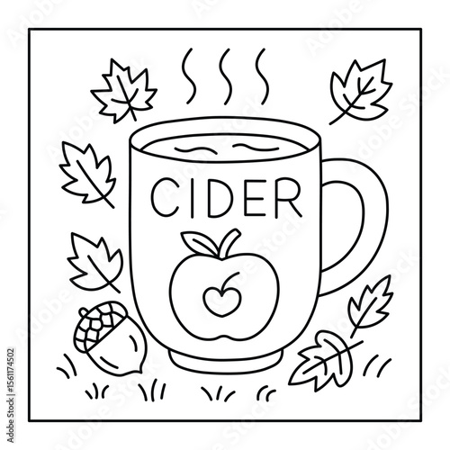 Hot Apple Cider Coloring Page – Cozy Fall Drink with Leaves and Acorn
