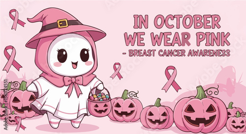 Kawaii ghost in pink ribbon costume with jack-o'-lanterns and candies for October Breast Cancer Awareness