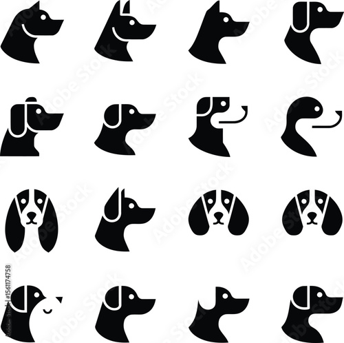 Silhouette vector dog breed icon pack including multiple friendly pet faces in simple black look