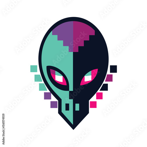 Futuristic alien head design with glitch style and digital concept art  