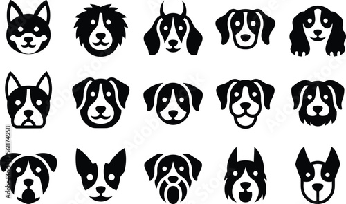 Silhouette vector pet head collection including different dog faces with flat black graphic symbols