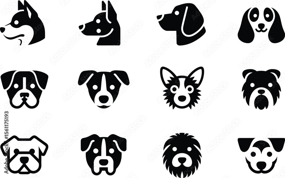 Obraz premium Silhouette vector round frame dog heads in bold side and front view with unique graphic expressions