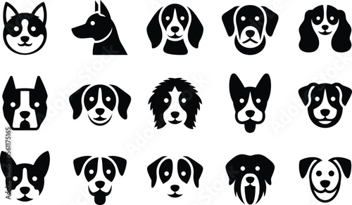 Silhouette vector profile side view of dog icons in modern round design badge style with friendly expression