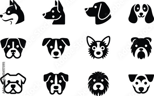 Silhouette vector round frame dog heads in bold side and front view with unique graphic expressions