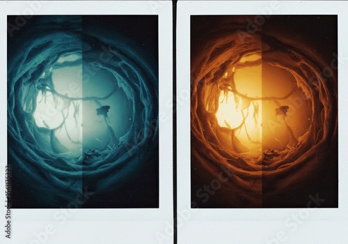 Two contrasting circular images, one teal and one orange, depicting a cave-like interior with glowing elements.